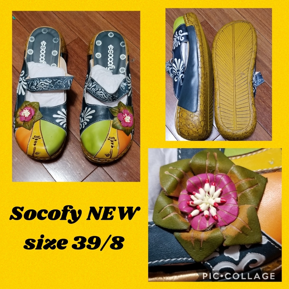 Socofy bohemian slip on leather mule 39/8 NEW
